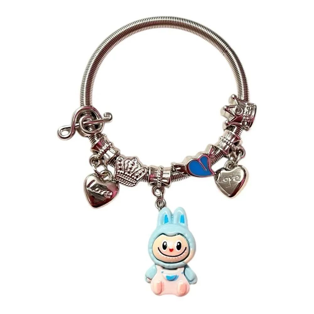 🤯5/$25🤯 Stretchy Blue Labubu Love Heart Crown Note Silver Child’s Charm Bracelet